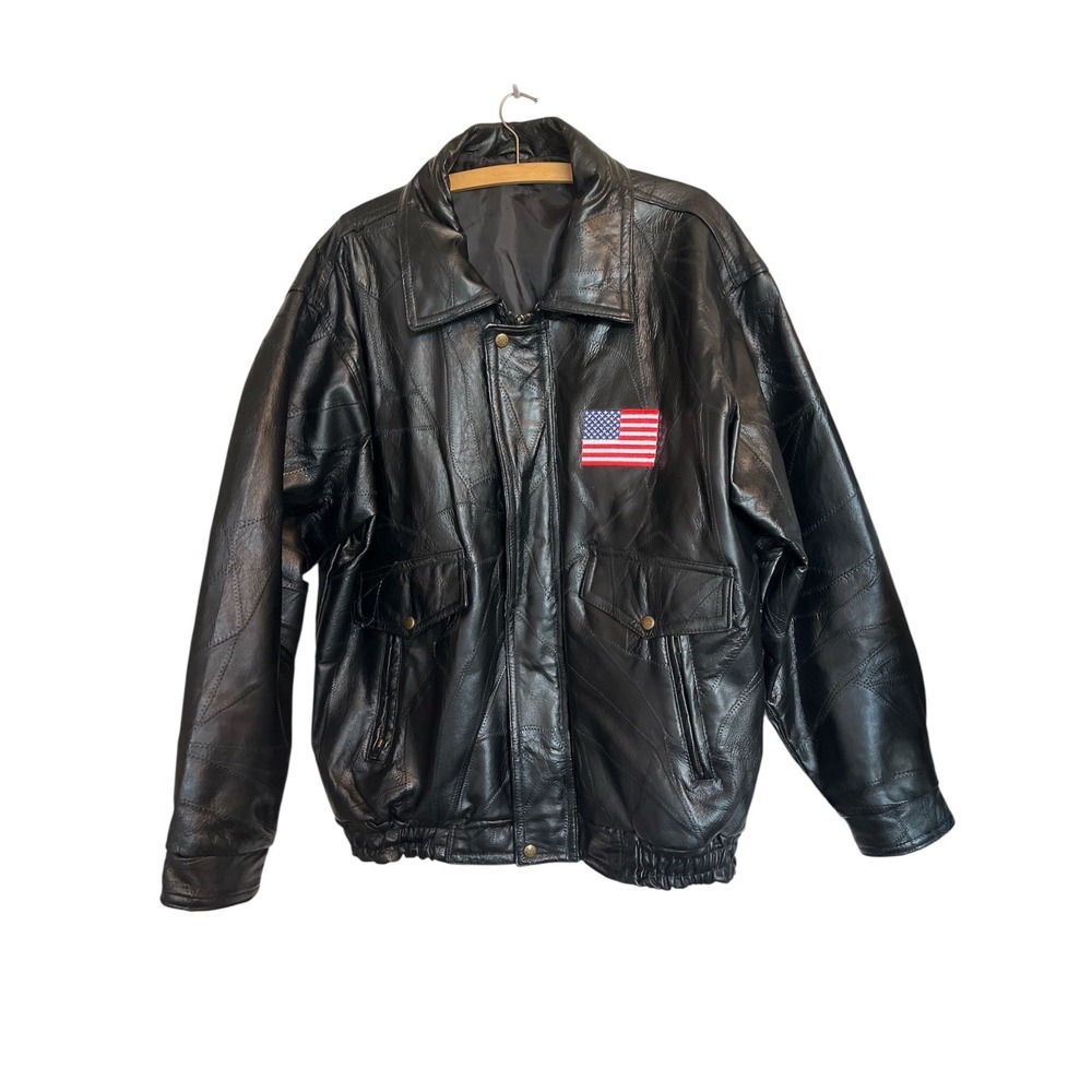 Vtg. 100% Leather Black Bomber Jacket Mens XL Embroidered American Flag Eagle